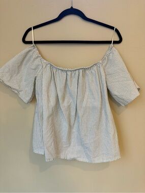 Express Off-Shoulder Striped Crop Top in Light Blue and White